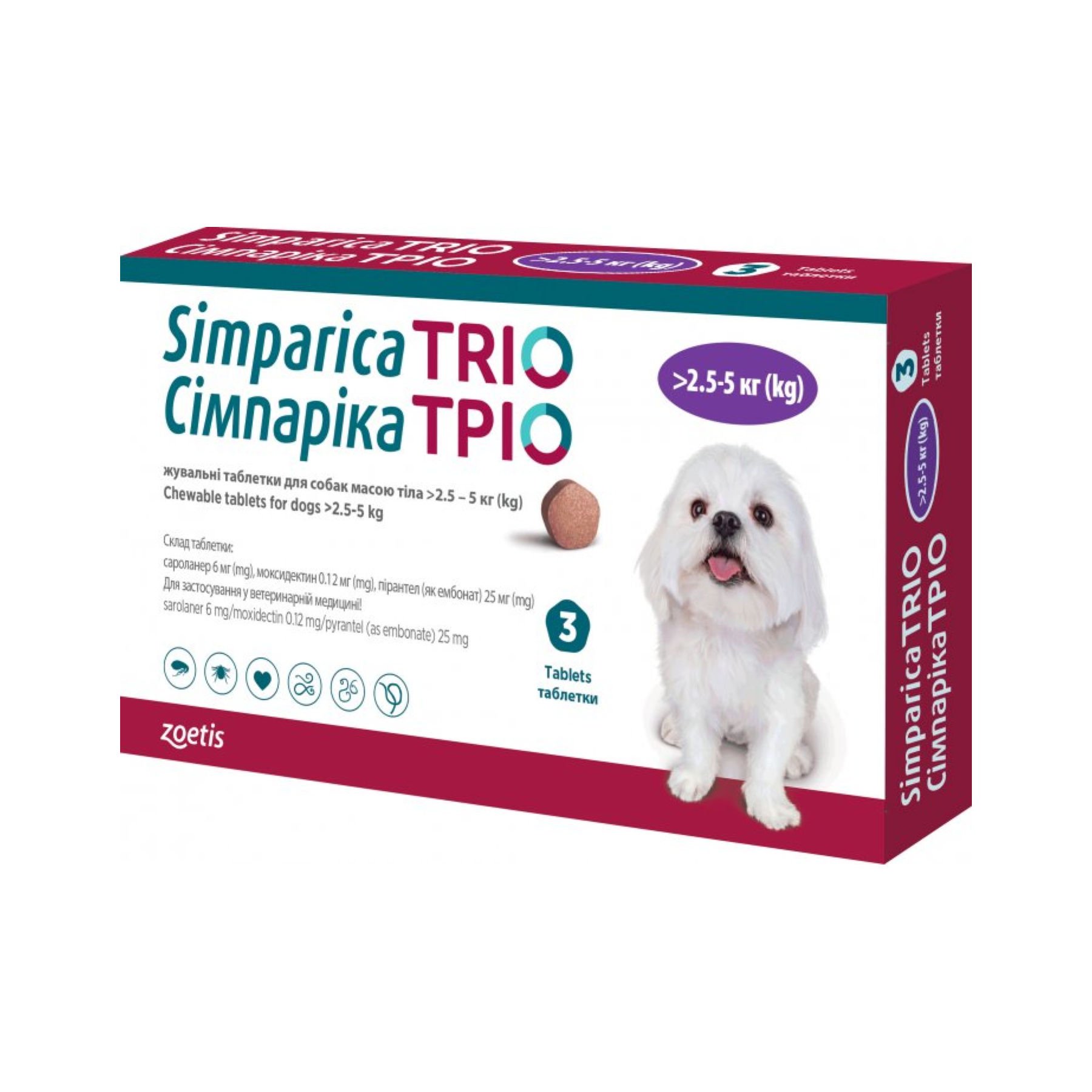 Жувальні таблетки Simparica TRIO від глистів, бліх та кліщів для собак вагою від 2.5 до 5 кг