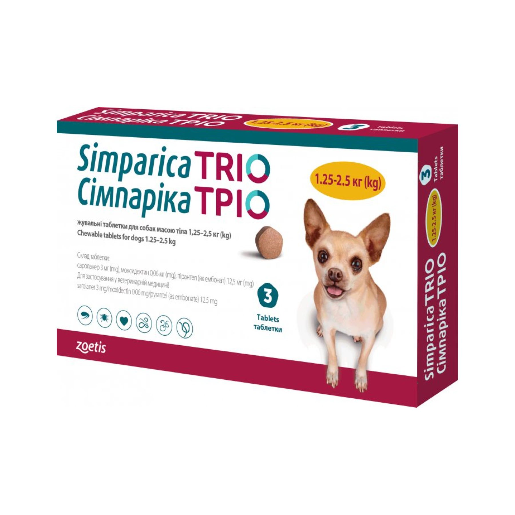 Жувальні таблетки Simparica TRIO від глистів, бліх та кліщів для собак вагою від 1.25 до 2.5 кг